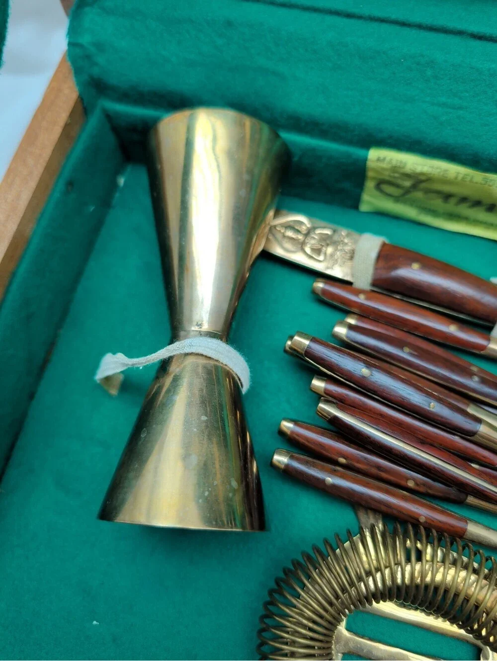 Vintage James Brass Bartender Set In Wood Case 11 Piece